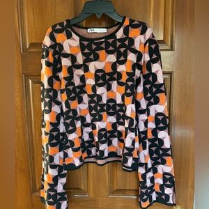 Zara Abstract Geometric Crewneck Sweater - Black, Pink & Orange